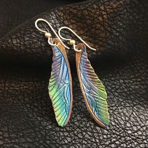Dragonfly Wings Leather Earrings Sterling Silver Ear Wire, Blue, Green, Bronze image 1