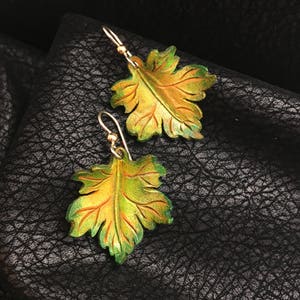Maple Leaf Leather Earrings Sterling Silver, Handmade Green, Gold, Yellow image 1