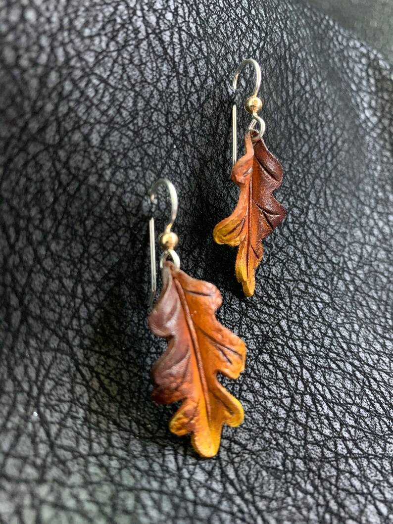 Oak Leaf Leather Earrings Brown, Orange, Yellow image 2