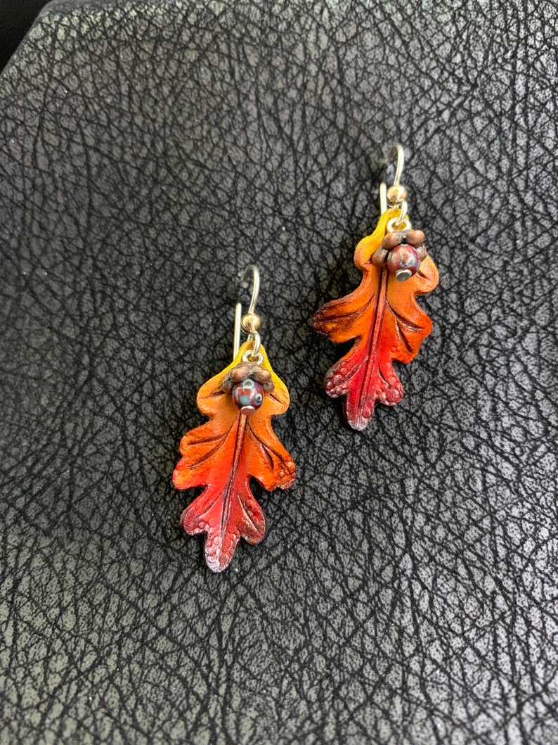 Oak Leaf & Acorn Earrings Yellow, Orange, Red, and Burgundy image 1