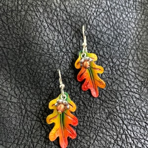 Oak Leaf & Acorn Earrings Green, Yellow, Orange, Red. image 1