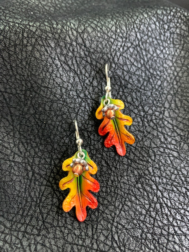 Oak Leaf & Acorn Earrings Green, Yellow, Orange, Red. image 1