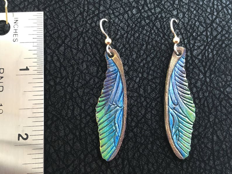 Dragonfly Wings Leather Earrings Sterling Silver Ear Wire, Blue, Green, Bronze image 4
