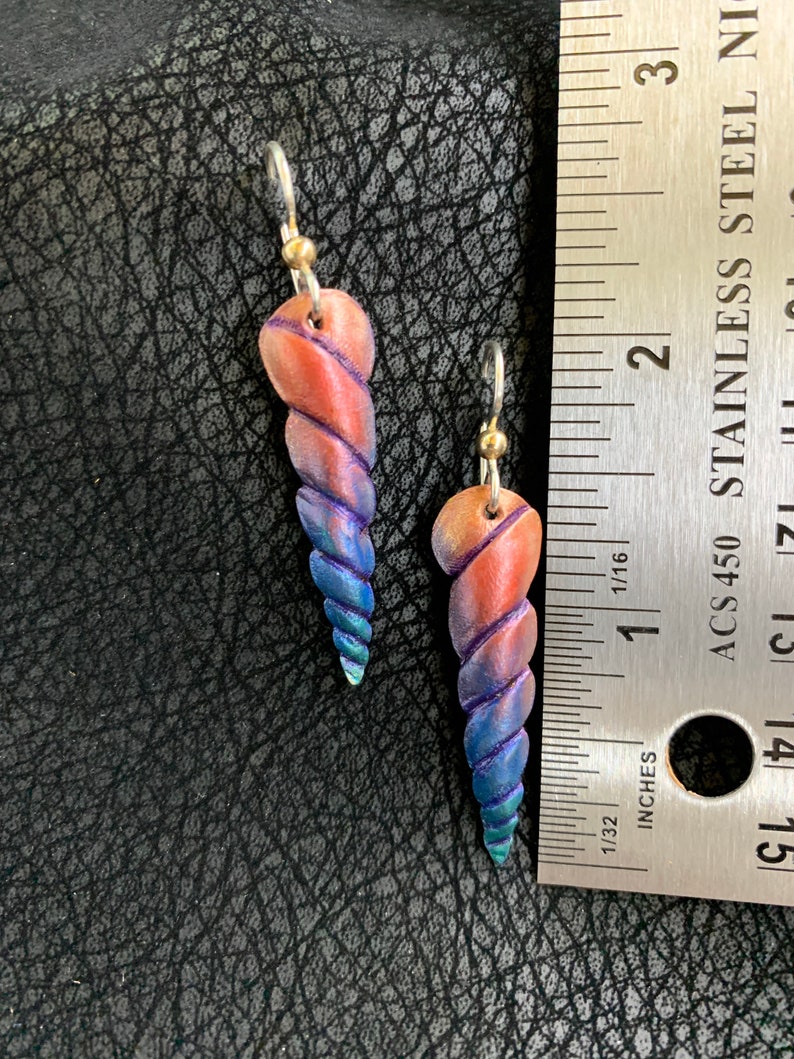 Unicorn Horn Leather Earrings Sterling Silver Ear Wire, Rainbow, Iridescent, Gold, Pink, Purple, Blue, Green image 4