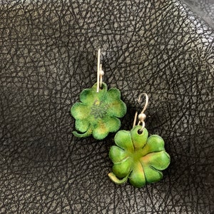 Four Leaf Clover Leather Earrings Sterling Silver Hooks, Green image 3