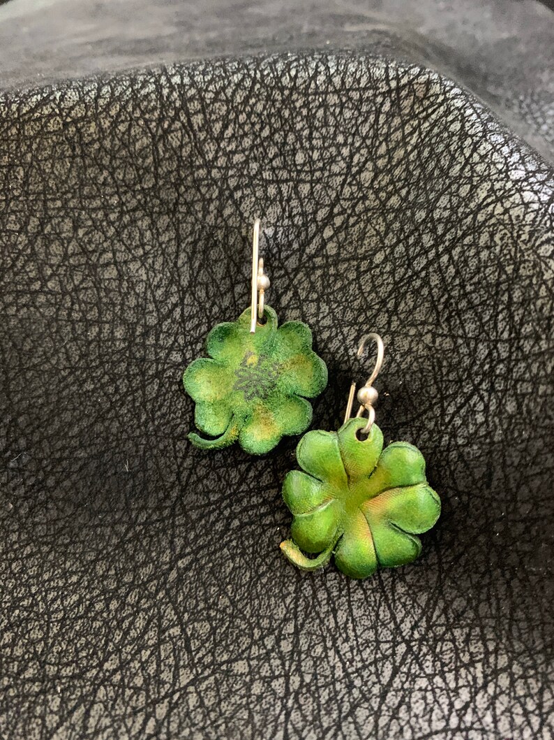 Four Leaf Clover Leather Earrings Sterling Silver Hooks, Green image 3