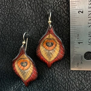 Peacock Feather Leather Earrings Silver Ear Wire, Red, Gold, Orange, Black image 4