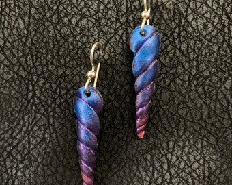 Unicorn Horn Leather Earrings - Sterling Silver Ear Wire, Rainbow, Iridescent, Blue, Purple, Pink.