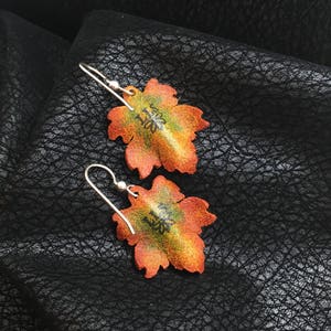 Maple Leaf Leather Earrings Sterling Silver, Orange, Green, Yellow image 3