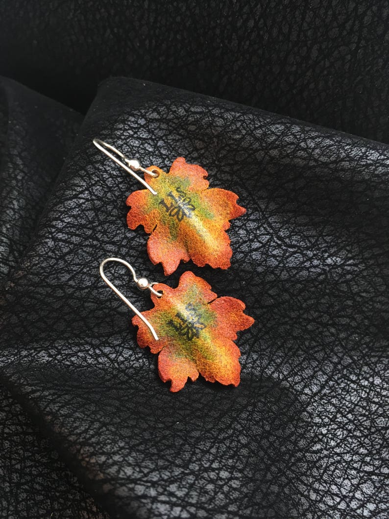 Maple Leaf Leather Earrings Sterling Silver, Orange, Green, Yellow image 3