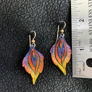 Phoenix Feather Leather Earrings Sterling Silver Ear Wire, Rainbow, Iridescent, Blue, Purple, Green, Orange, Yellow, Red image 4