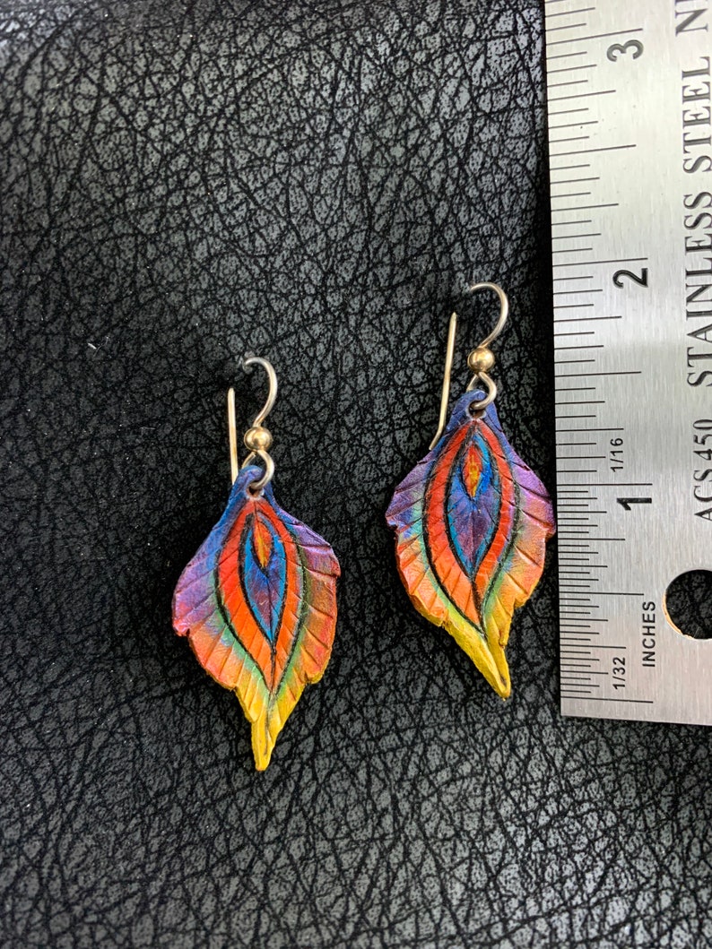 Phoenix Feather Leather Earrings Sterling Silver Ear Wire, Rainbow, Iridescent, Blue, Purple, Green, Orange, Yellow, Red image 4