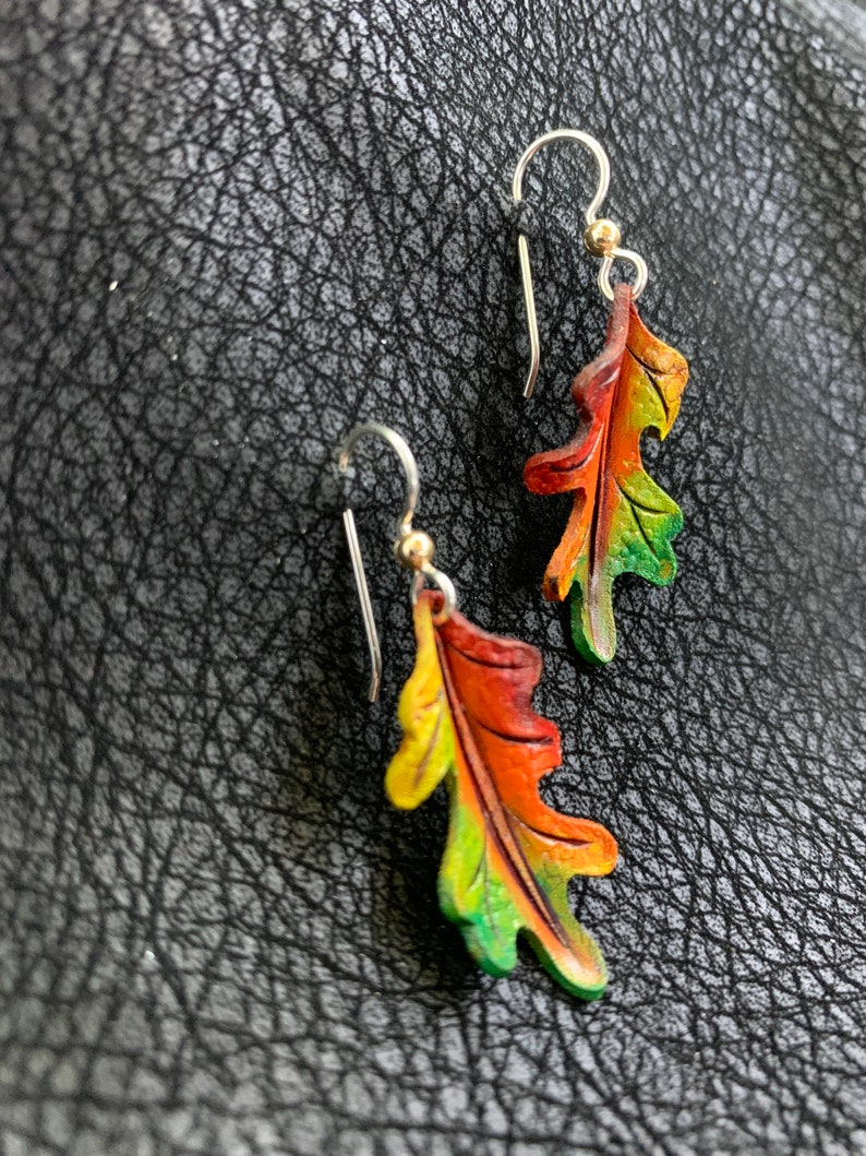 Oak Leaf Leather Earrings Red, Green, Orange, Yellow image 2