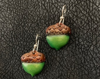 Acorn Leather Earrings - Green & Brown