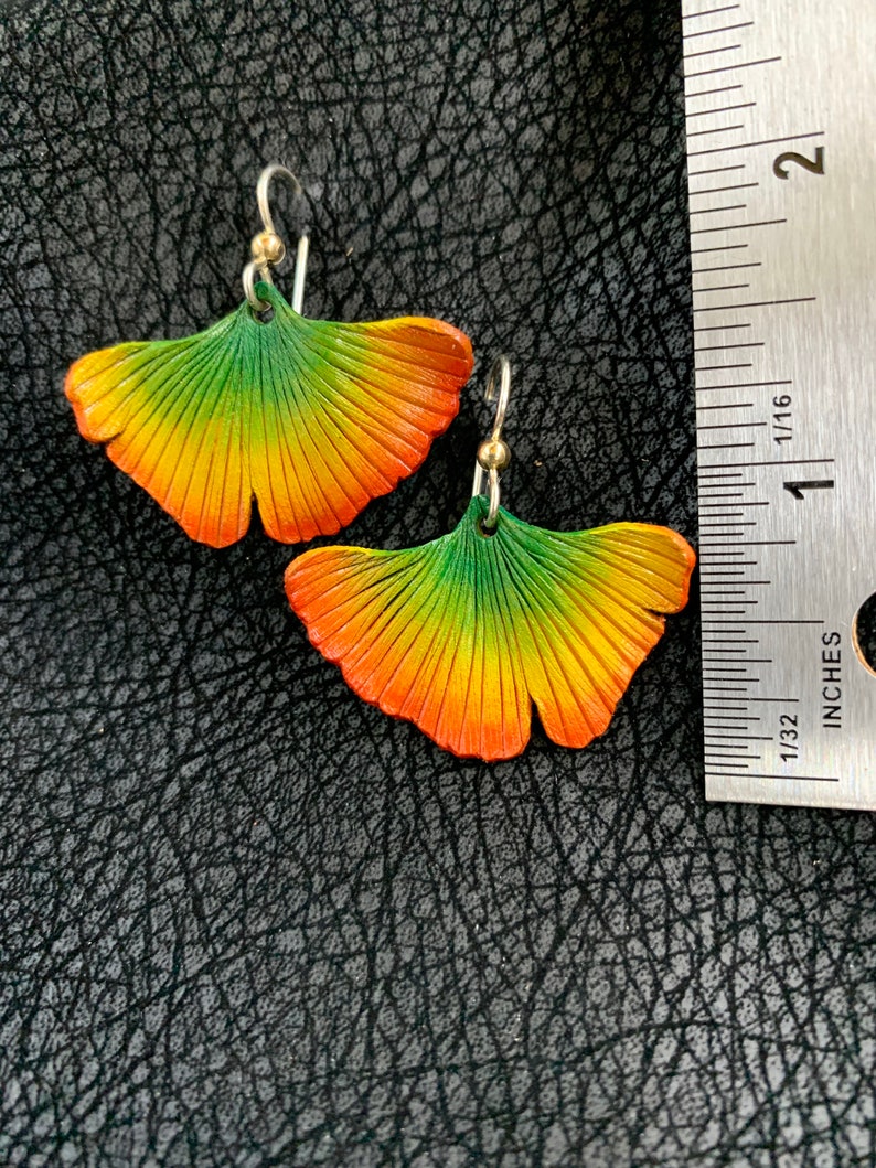 Ginko Leaf Leather Earrings Yellow, Orange, Red, & Green image 4