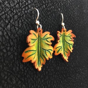 Maple Leaf Leather Earrings Sterling Silver, Orange, Green, Yellow image 2