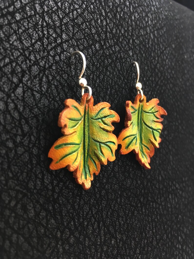 Maple Leaf Leather Earrings Sterling Silver, Orange, Green, Yellow image 2