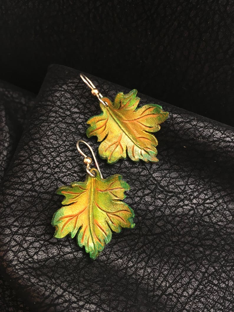 Maple Leaf Leather Earrings Sterling Silver, Handmade Green, Gold, Yellow image 1