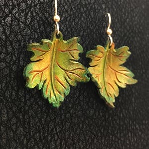 Maple Leaf Leather Earrings Sterling Silver, Handmade Green, Gold, Yellow image 2