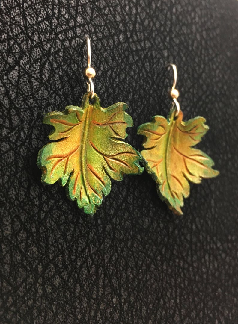 Maple Leaf Leather Earrings Sterling Silver, Handmade Green, Gold, Yellow image 2
