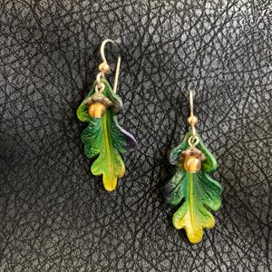 Oak Leaf & Acorn Earrings - Green, Yellow, Purple.