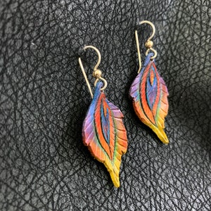 Phoenix Feather Leather Earrings Sterling Silver Ear Wire, Rainbow, Iridescent, Blue, Purple, Green, Orange, Yellow, Red image 2