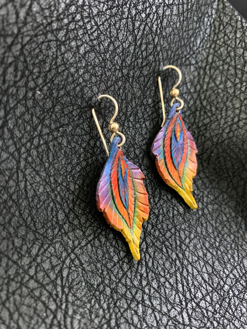 Phoenix Feather Leather Earrings Sterling Silver Ear Wire, Rainbow, Iridescent, Blue, Purple, Green, Orange, Yellow, Red image 2