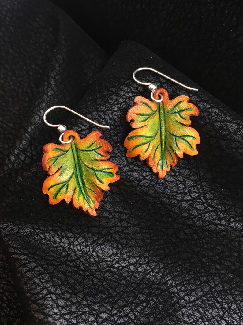 Maple Leaf Leather Earrings Sterling Silver, Orange, Green, Yellow image 1