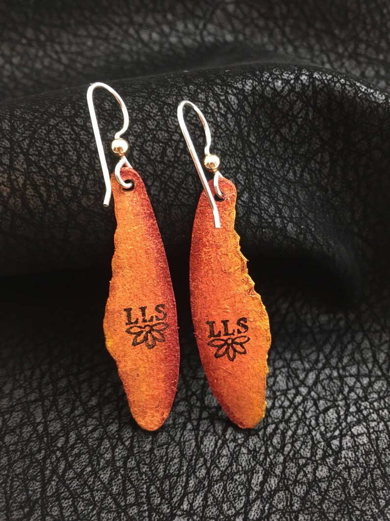 Dragonfly Wings Leather Earrings Sterling Silver Ear Wires, Orange and Yellow image 2