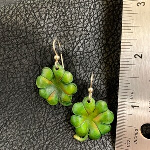 Four Leaf Clover Leather Earrings Sterling Silver Hooks, Green image 4