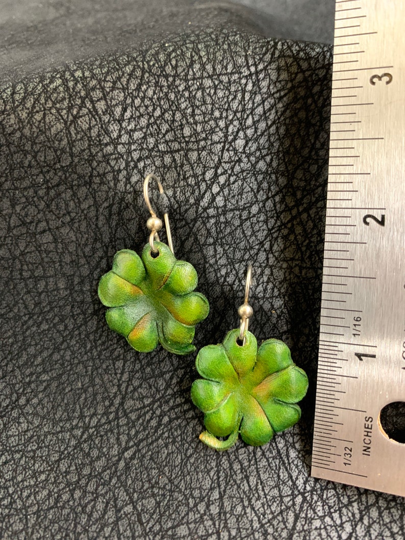 Four Leaf Clover Leather Earrings Sterling Silver Hooks, Green image 4