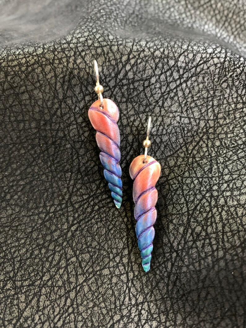 Unicorn Horn Leather Earrings Sterling Silver Ear Wire, Rainbow, Iridescent, Gold, Pink, Purple, Blue, Green image 1