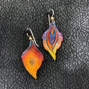 Phoenix Feather Leather Earrings Sterling Silver Ear Wire, Rainbow, Iridescent, Blue, Purple, Green, Orange, Yellow, Red image 3