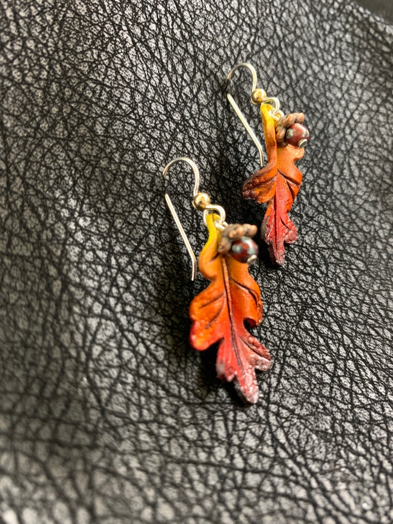 Oak Leaf & Acorn Earrings Yellow, Orange, Red, and Burgundy image 2