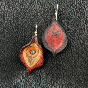 Peacock Feather Leather Earrings Silver Ear Wire, Red, Gold, Orange, Black image 3