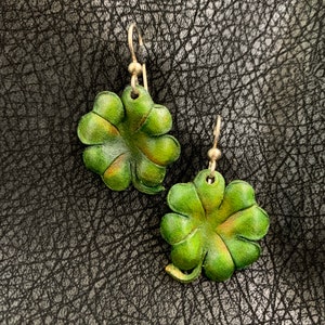Four Leaf Clover Leather Earrings Sterling Silver Hooks, Green image 1