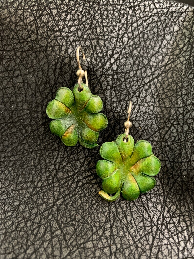 Four Leaf Clover Leather Earrings Sterling Silver Hooks, Green image 1