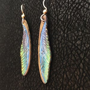 Dragonfly Wings Leather Earrings Sterling Silver Ear Wire, Blue, Green, Bronze image 3