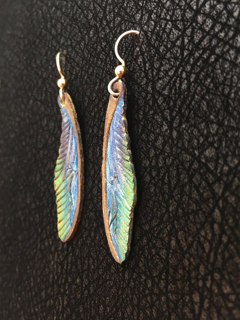 Dragonfly Wings Leather Earrings Sterling Silver Ear Wire, Blue, Green, Bronze image 3