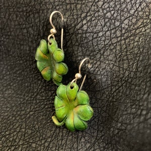 Four Leaf Clover Leather Earrings Sterling Silver Hooks, Green image 2