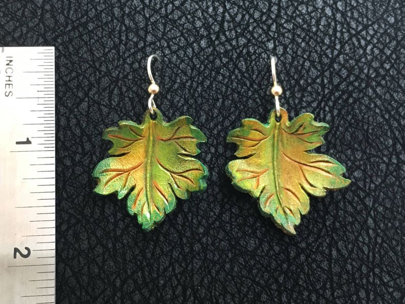 Maple Leaf Leather Earrings Sterling Silver, Handmade Green, Gold, Yellow image 4