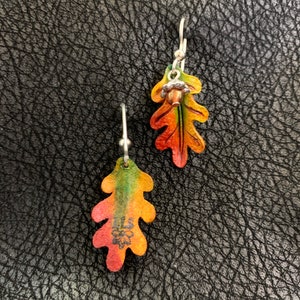 Oak Leaf & Acorn Earrings Green, Yellow, Orange, Red. image 3
