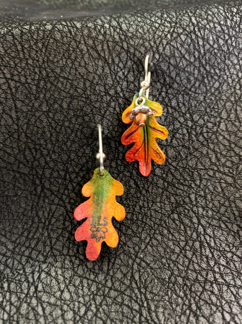 Oak Leaf & Acorn Earrings Green, Yellow, Orange, Red. image 3