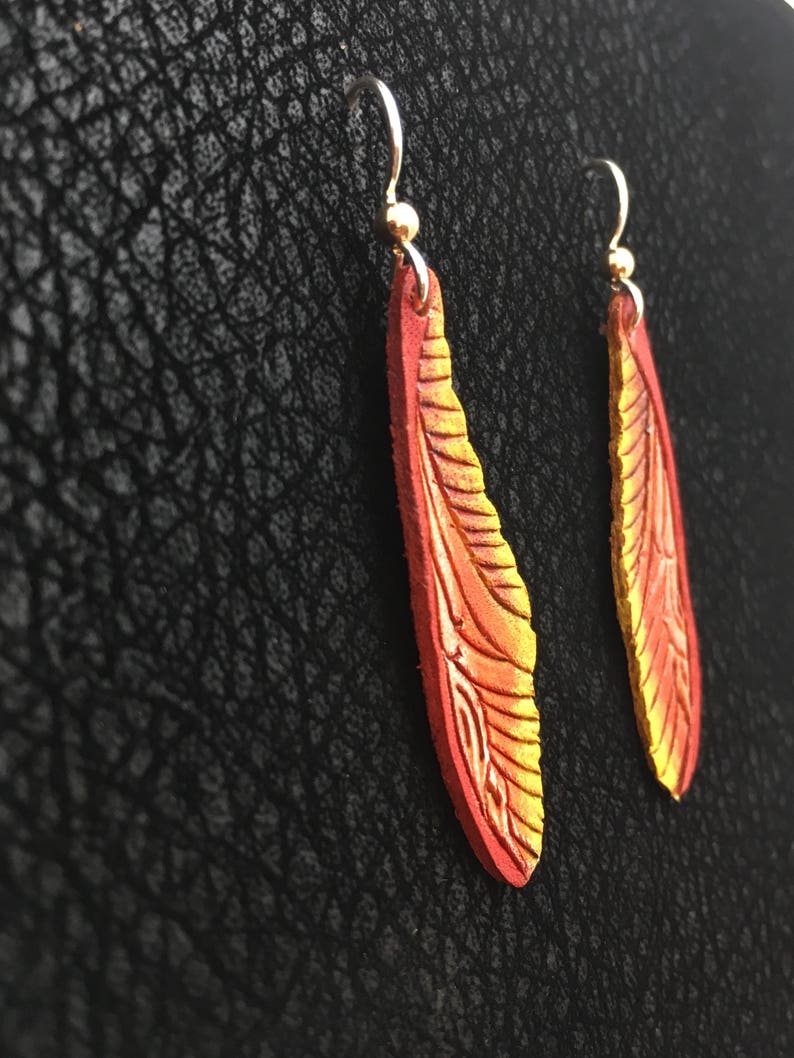 Dragonfly Wings Leather Earrings Sterling Silver Ear Wires, Orange and Yellow image 3