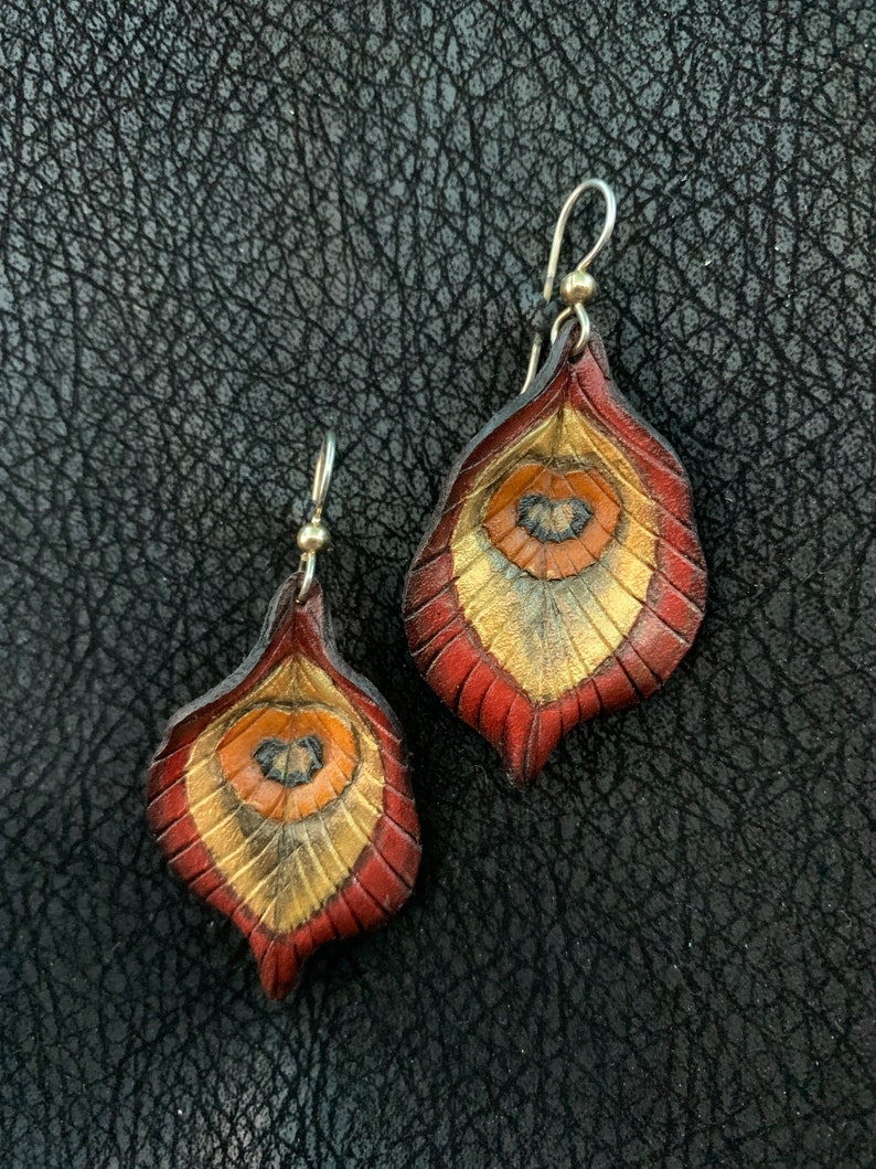 Peacock Feather Leather Earrings Silver Ear Wire, Red, Gold, Orange, Black image 1