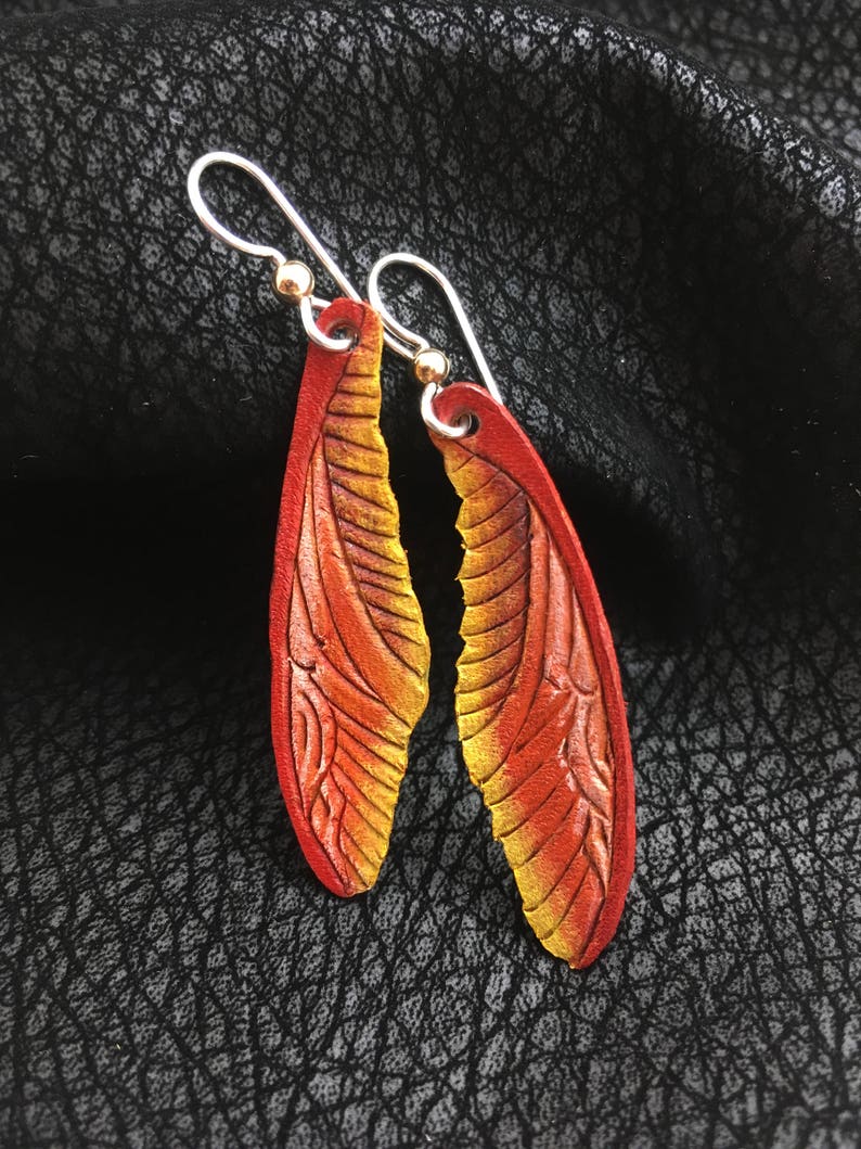 Dragonfly Wings Leather Earrings Sterling Silver Ear Wires, Orange and Yellow image 1