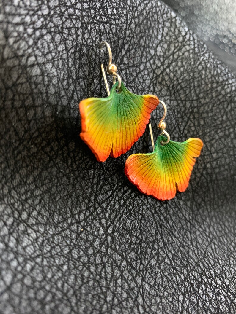 Ginko Leaf Leather Earrings Yellow, Orange, Red, & Green image 2