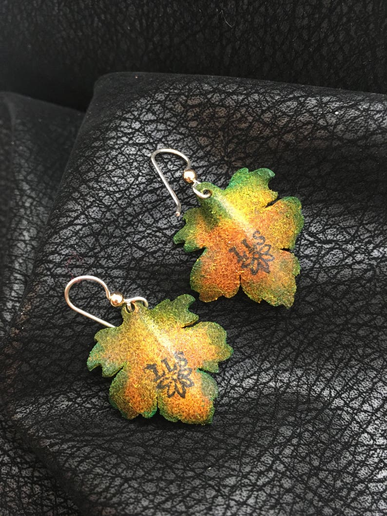 Maple Leaf Leather Earrings Sterling Silver, Handmade Green, Gold, Yellow image 3