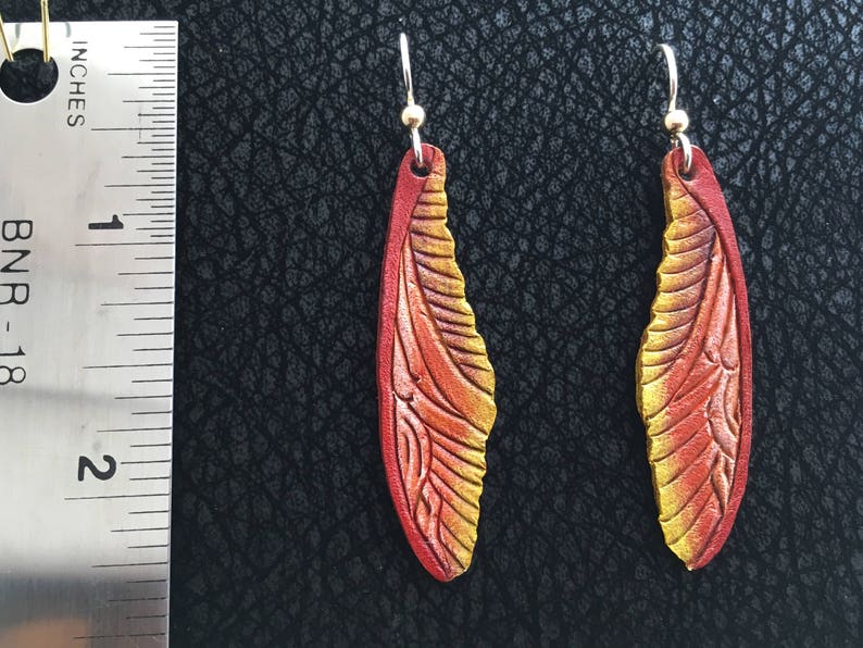 Dragonfly Wings Leather Earrings Sterling Silver Ear Wires, Orange and Yellow image 4