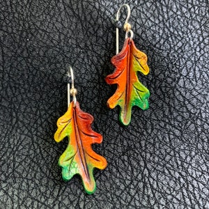 Oak Leaf Leather Earrings Red, Green, Orange, Yellow image 1